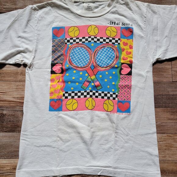 VTG 1995 Threads Of April Sound Tennis Hearts T Shirt Women's Size M USA - Picture 5 of 16